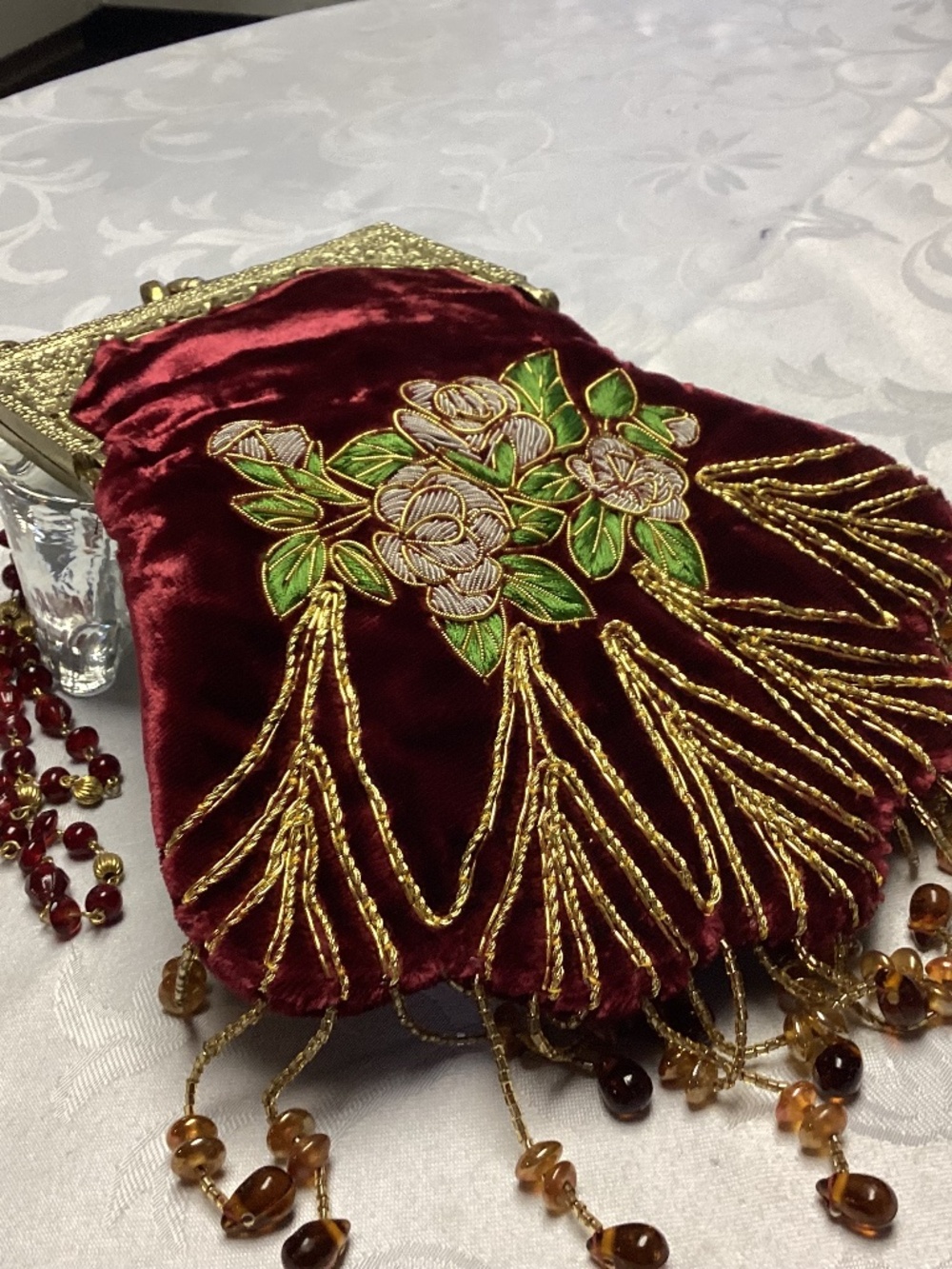 Hand sewn Victorian bag embroidered baubles too